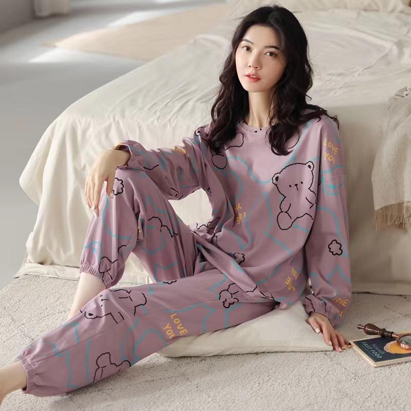 Soft and Comfy Sleepwear Women Printing Long Sleeve Top Loose Pants Sleeping Suits