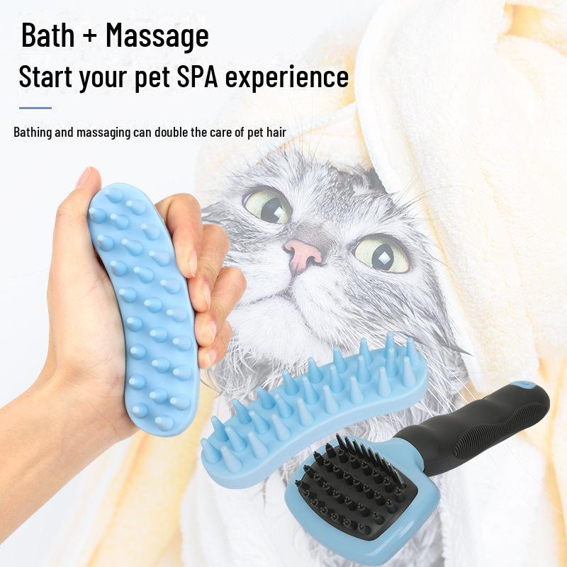 Pet Products Blue & Black Series: Massage Brush, Hair Detangling Comb, Rake Comb, Flea Comb.