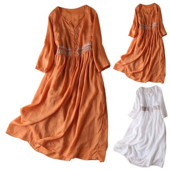 Женское весенне-летнее платье с круглым вырезом в этническом стиле с вышивкой и длинным рукавом с высокой талией трапециевидной формы, полуоднобортное сплошное цветное двухслойное платье миди