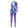 Women Metallic Shiny Jumpsuit Sheer Mesh Patchwork Single Long Sleeve Asymmetrical Catsuit Unitard Clubwear for Rave Party Night Out