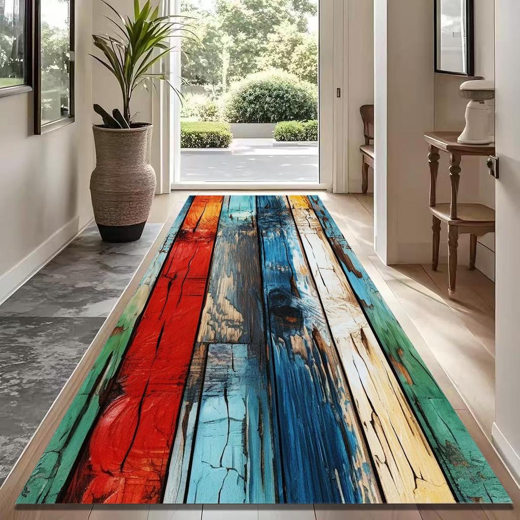 VIKAMA Rustic Color Block Runner Rug, Weathered Multicolor Wood Vintage Lodge Style Mat for Corridor