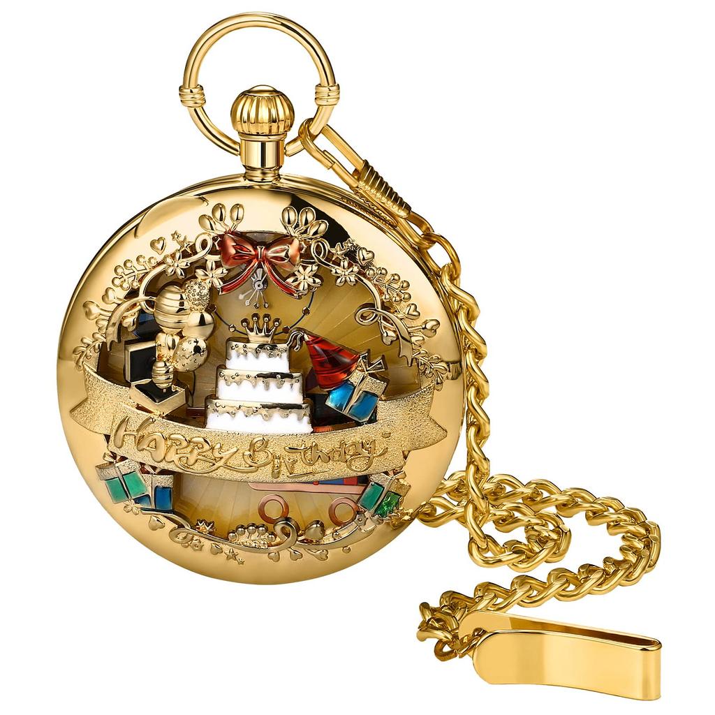 Music Box Pocket Watch Birthday Present Music Pocket Watch Birthday Song Watermark Engraving Analog with Lid Clip Chain Pocket Watch Cute Stylish Gold