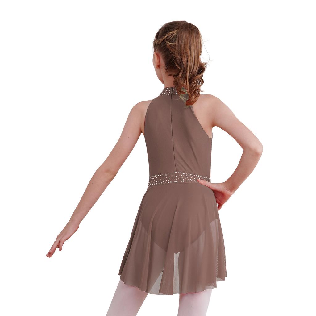 Girls Glittery Lyrical Dance Dress - Rhinestone Decor & Irregular Hem for Stage Performances
