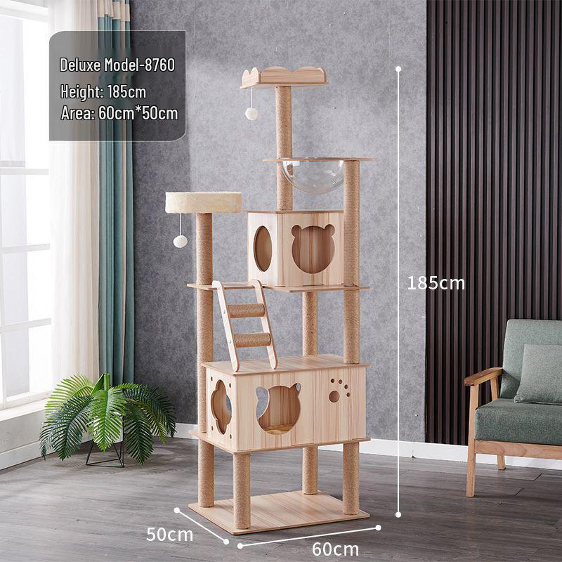 Большая кошачья игровая башня со встроенной кроватью-капсулой, когтеточкой, платформой от пола до потолка и полками.