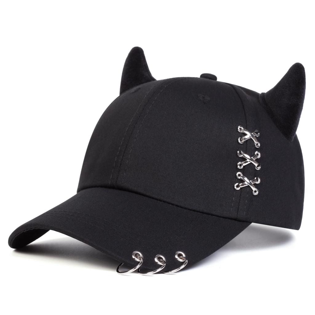Trendy Unisex Baseball Hat with Iron Ring and Cute Cow Horn Decoration Adjustable Hip Hop Cap for Outdoor Travel