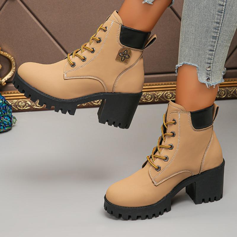 Foreign Trade Large Size Thick Heel British Style Color Matching Martin Boots Women's New Thick-soled Waterproof Table Lace-up Leather Boots