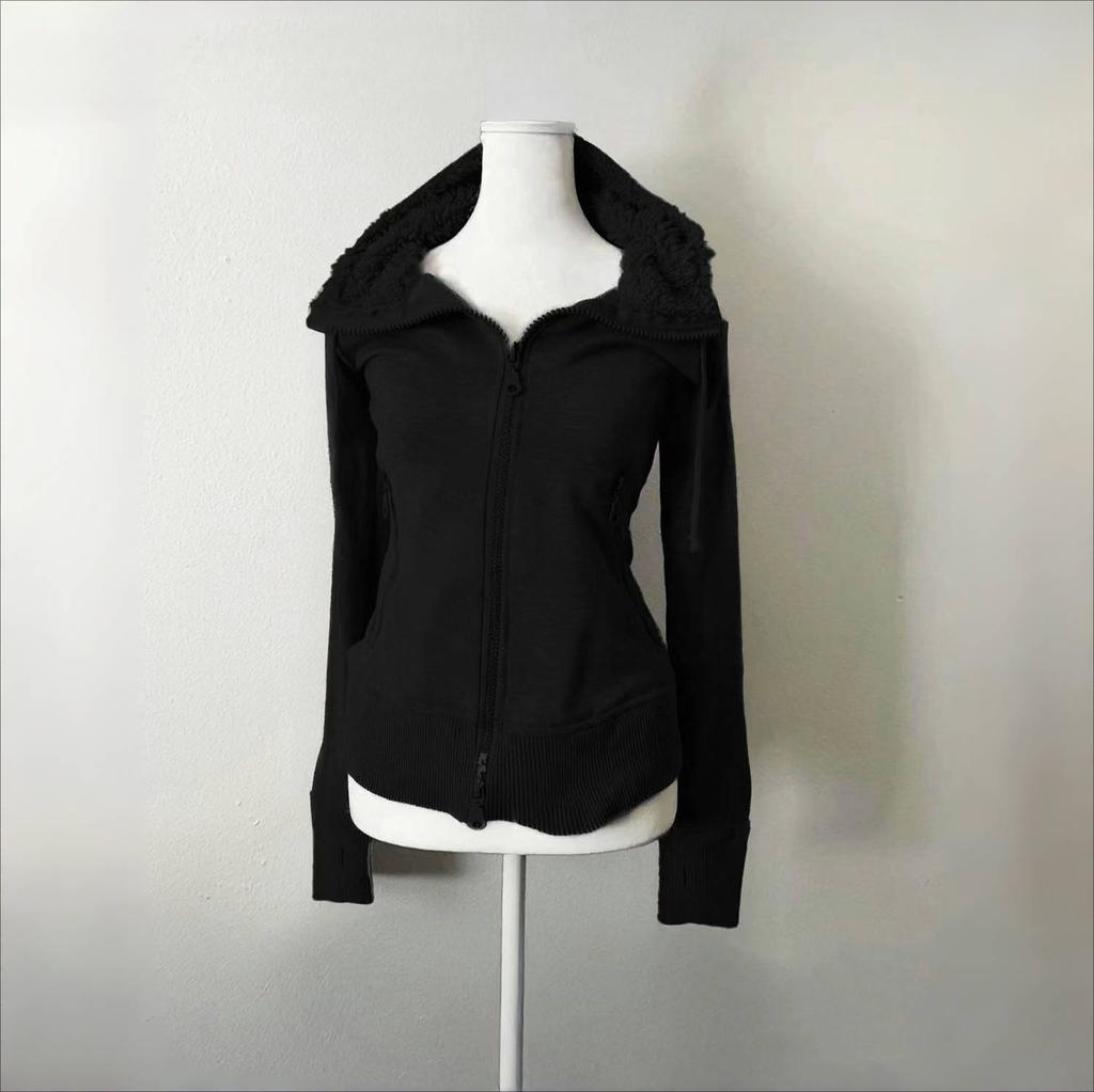 2KWEIRD Black Lamb Wool Double Zipper Hoodies Women's Clothes Slim Waist Hooded Vintage Y2k Coats Ropa Mujer Casual Fashion Sweatshirts