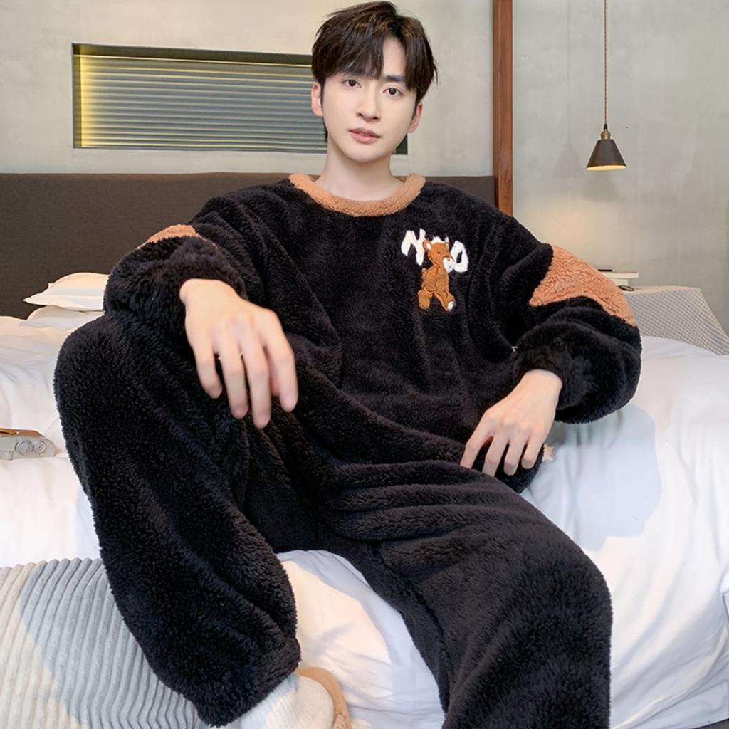 Зимняя одежда, коралловый флис, пижамы, мужская одежда, утепленный флис, круглый вырез, брюки с длинными рукавами, костюмы, домашняя одежда