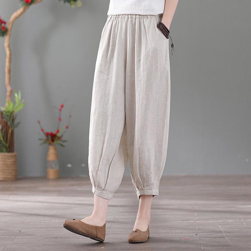 WTEMPO Укороченные брюки в стиле ретро больших размеров, свободные повседневные универсальные шаровары, тонкие женские брюки из хлопка и льна, шаровары