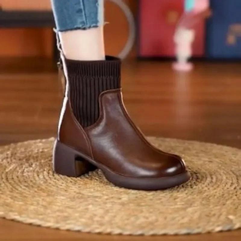 Fashion 2024 Ladies Shoes Warm Modern Women's Boots Classics Ankle Boots Women Knitted Round Toe Med Heel Back Zip Sewing Shoes Women