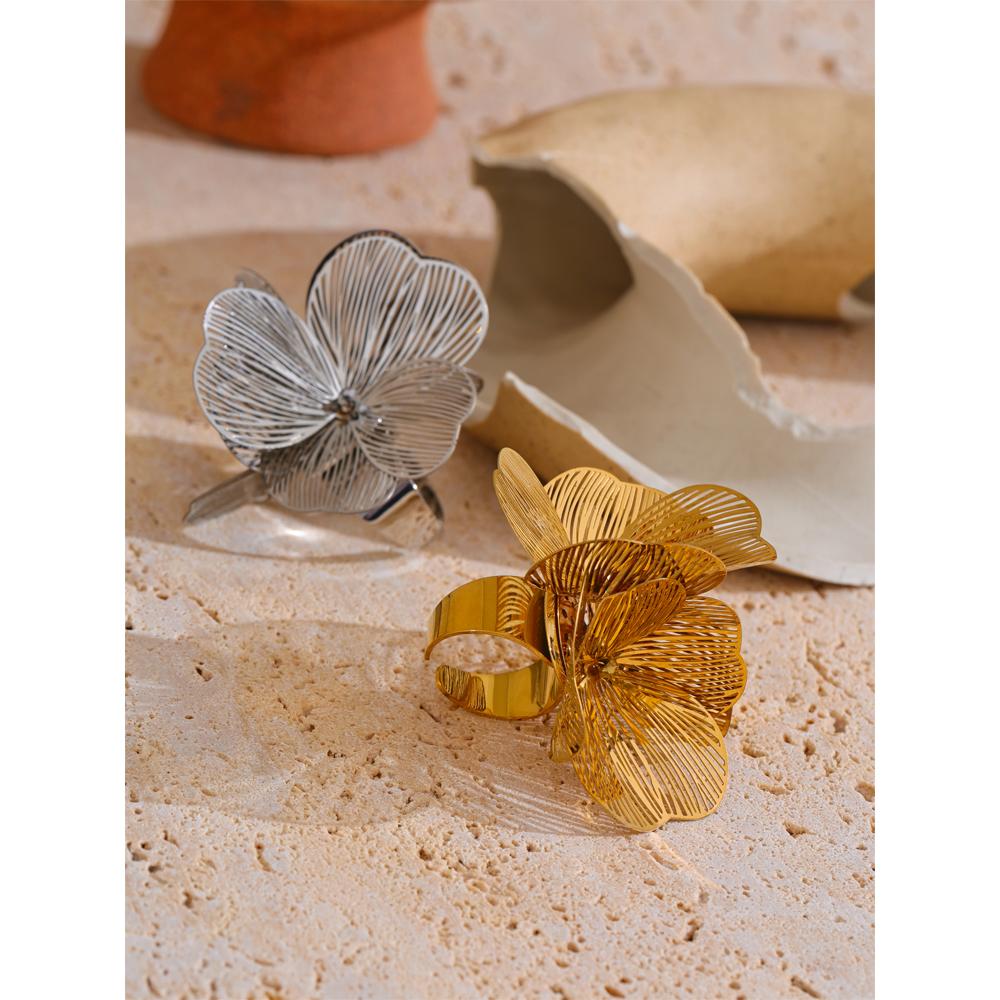 Eetit Эксклюзивное регулируемое кольцо из нержавеющей стали с металлическим цветком для женщин, гипербола, индивидуальность, модные украшения на палец, подарок с покрытием PVD