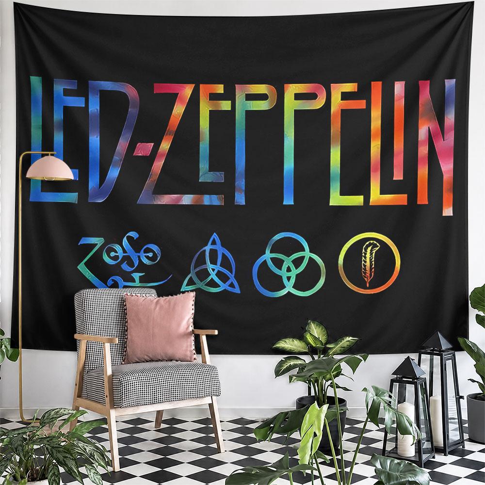 Colorful gradient text with symbols against a black background. Patterned tapestry for bedroom and living room home decor
