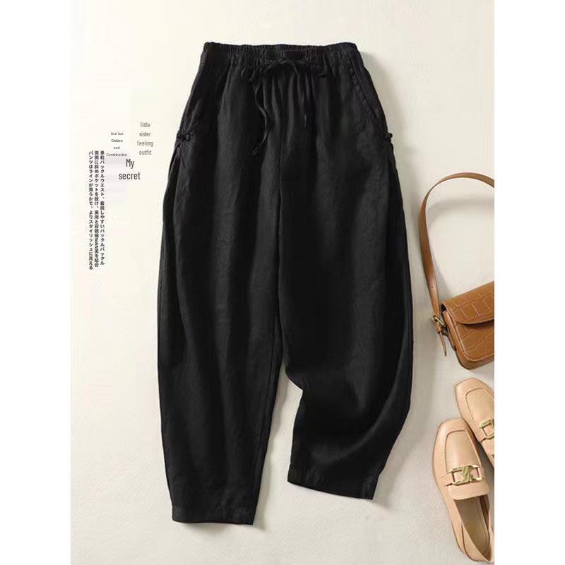 Хлопковые брюки гаремы с высокой талией и ретро застежкой-лягушкой - Легкие, эластичные, с завязкой на талии, свободного кроя для весны/лета