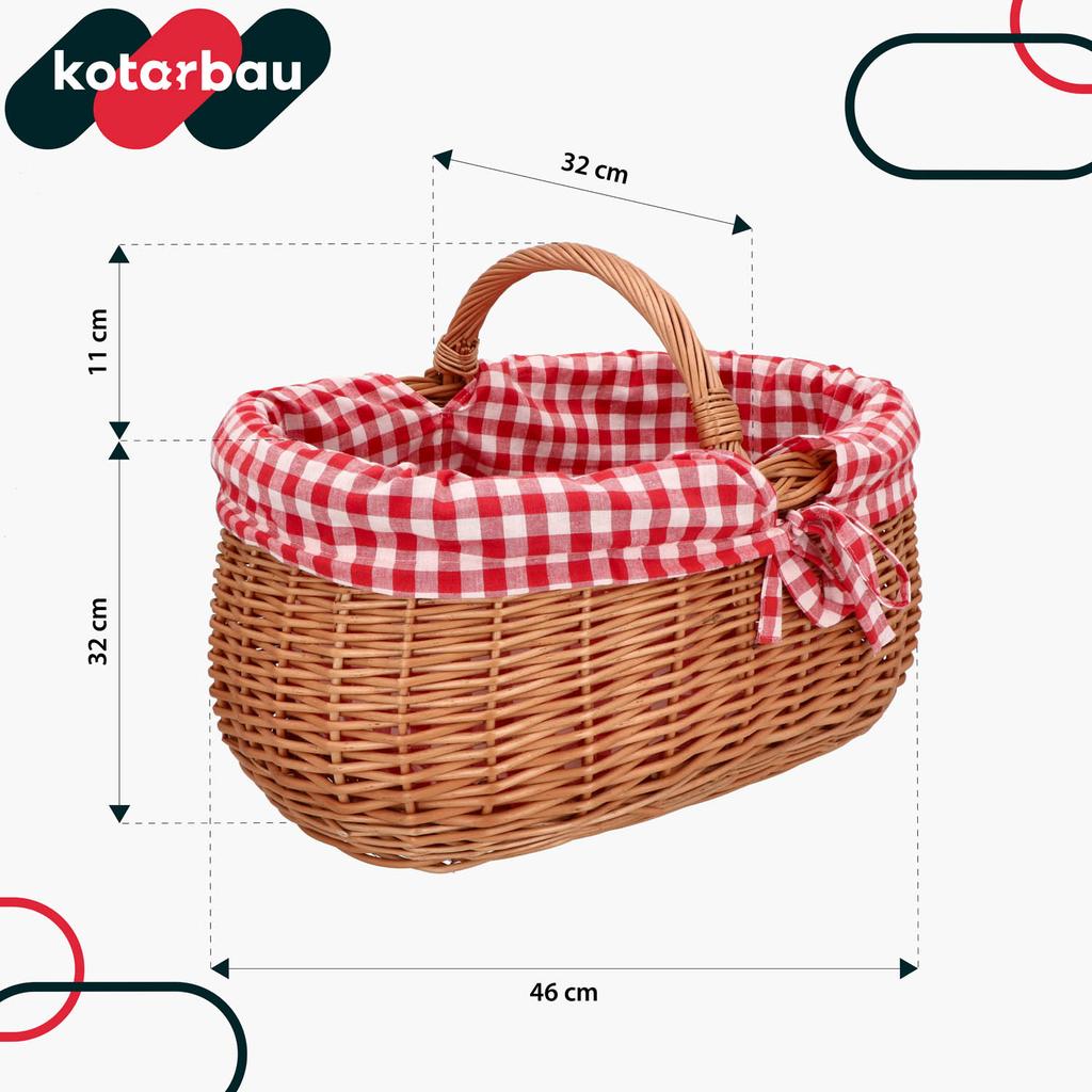 Kotarbau® Wicker Shopping Basket Picnic Mushroom Easter Oval With Red Lining And Lattice Trim 46 Cm