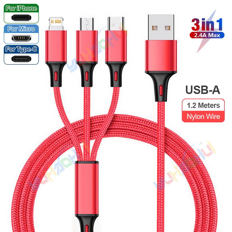 2.4A Макс. 3 в 1 USB-кабель для быстрой зарядки Lightning-кабель для iPhone Type C Кабель для зарядки мобильного телефона для Xiaomi Samsung USB Micro