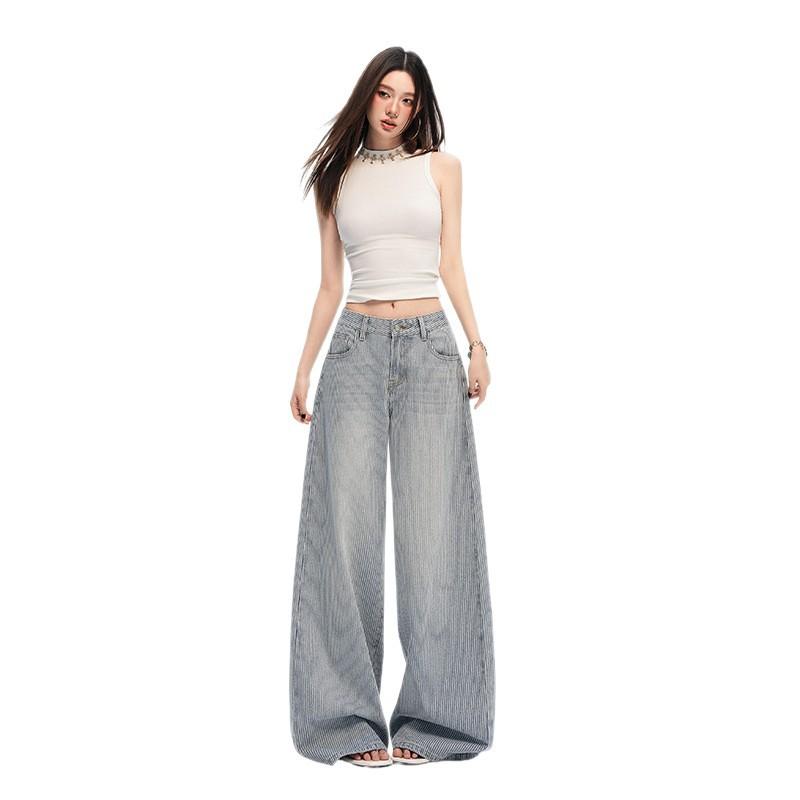 American vertical striped three-dimensional pocket design sense loose wide-leg pants women's summer new mopping jeans