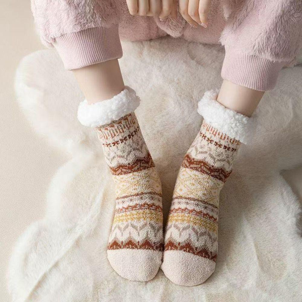 Patchwork Thicken Velvet Socks Mid Tube Sleeping Socks National Style Winter Floor Socks Women Men