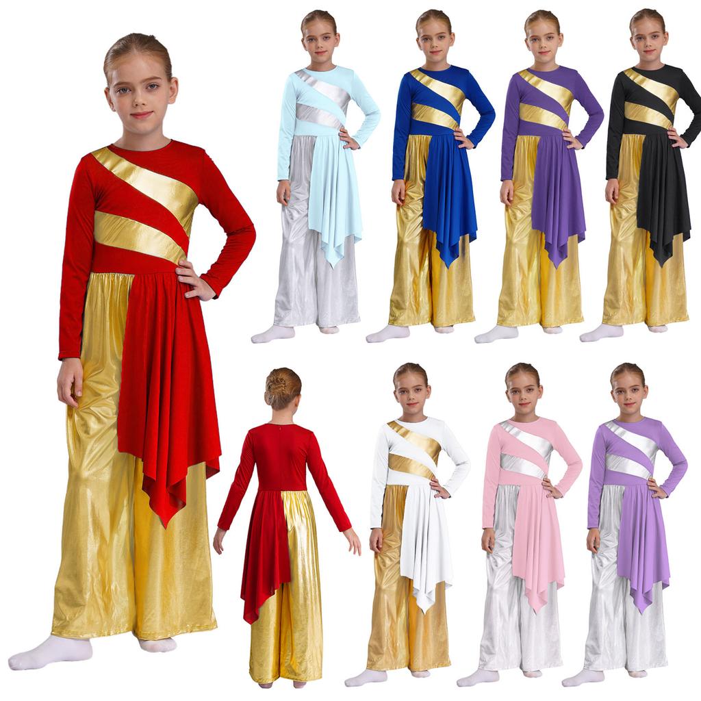 Girls Praise Dance Bodysuit Metallic Color Block Design Patchwork Irregular Drape Wide Leg Jumpsuit