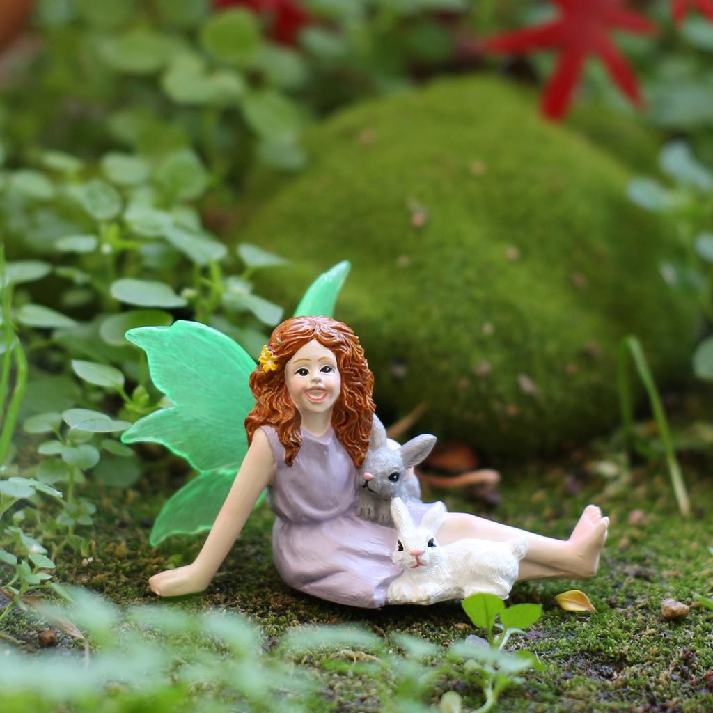 1 sitting girl and rabbit, fluorescent wings, spring garden bonsai decoration, Easter statue ornament