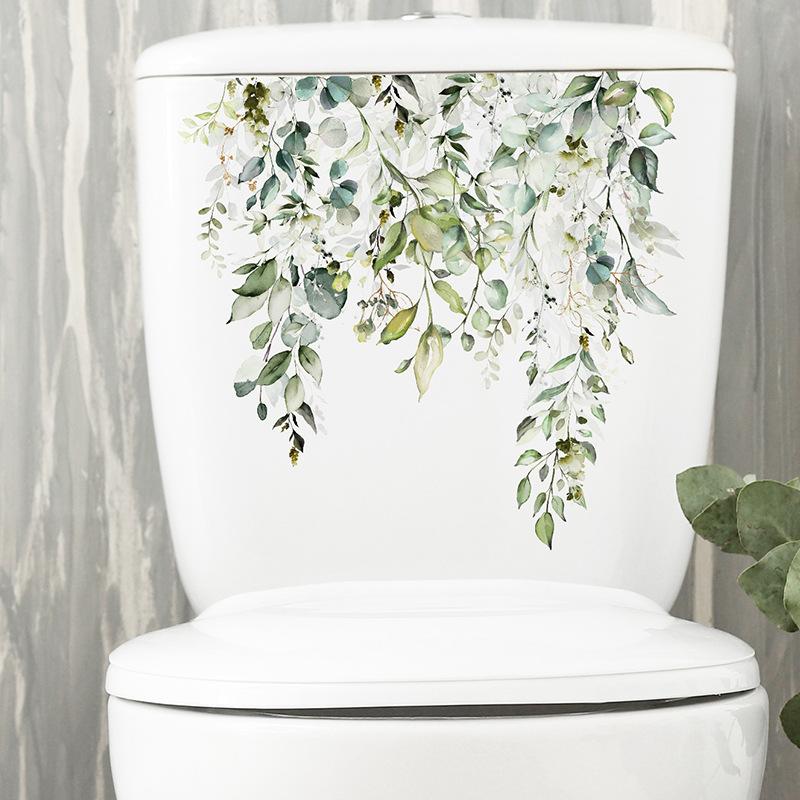 Green Plant Leaves Flower Toilet Stickers Bathroom Wall Decor Decals Living Room Home Decoration Beautify Self-Adhesive Poster