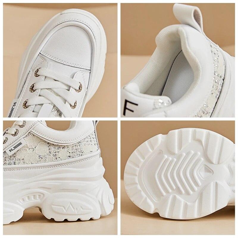 Fujin Сандалии из синтетической кожи с воздушной сеткой, 8 см, вулканизированный скрытый каблук и платформа, блестящие массивные кроссовки на танкетке, летняя женская обувь на полой основе