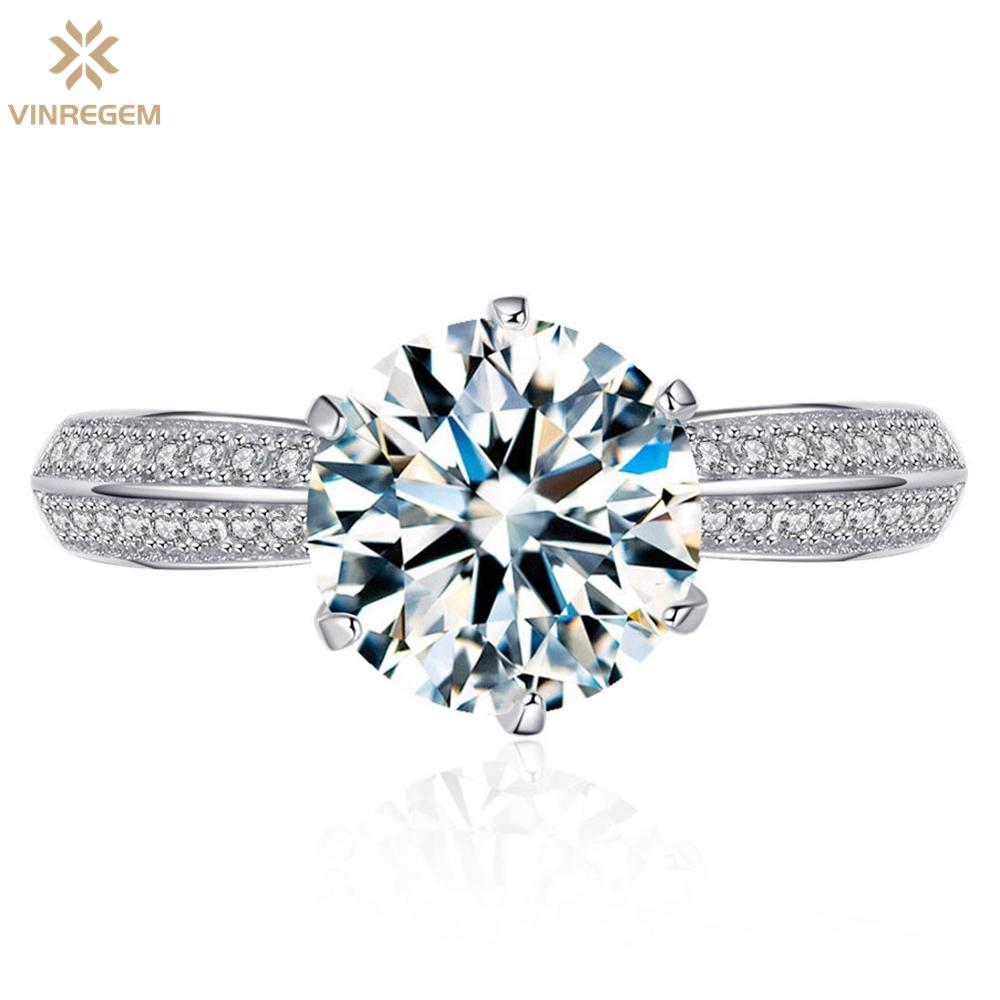 Vinregem 100% Стерлинговое Серебро 925 пробы, сверкающее круглой огранки, 8 мм, 2CT, 3EX VVS1, цвет D, настоящий муассанит с бриллиантами, женское кольцо, свадебное обручальное ювелирное изделие