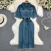 Summer Women's Denim Dress Vintage Short Sleeve Polo Neck Waist Slim Mid-Length Denim Shirt Dress