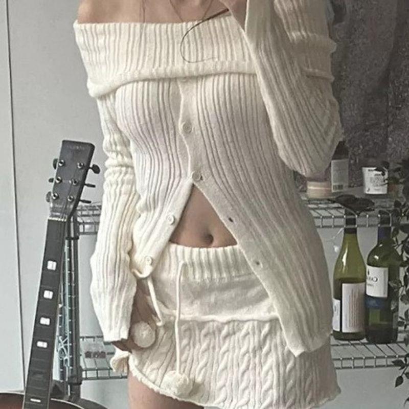 off-Shoulder Top Versitile Foreign Trade Women Clothes Western Style off-Shoulder Long Sleeve Temperament Single-Breasted Sexy Knit