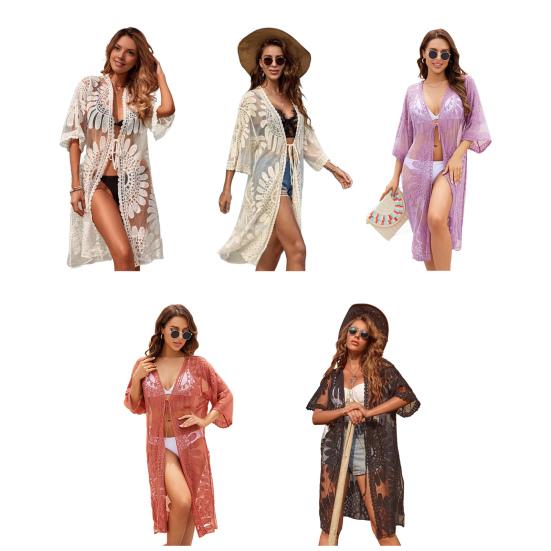 Beach Cardigan Embroidery Floral Lace Design Lightweight Summer Crochet See-through Sun Protection Beach Bikini Cover-Up