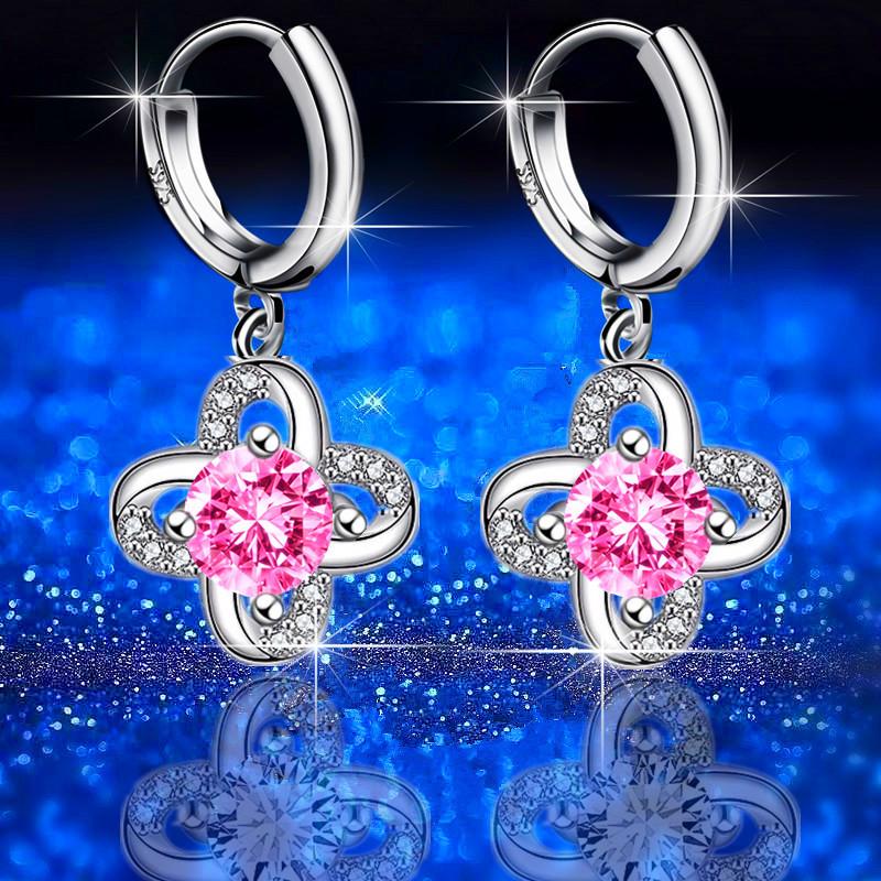 New Silver Plated Earrings Four Leaf Clover Buckle Eternal Flower Women's Drop Earrings with Diamonds