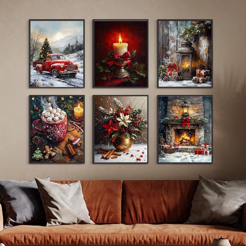 Vintage Red Christmas Tree Truck Candle Decorative Posters Merry Christmas Canvas Painting Living Room Wall Art Holiday Decor