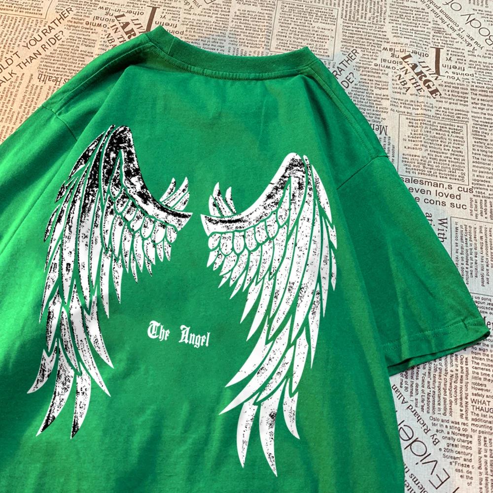 Футболка с изображением ангела с развернутыми крыльями для мужчин и женщин, футболка с рисунком, летняя хлопковая рубашка с коротким рукавом, винтажная футболка с круглым вырезом для пары