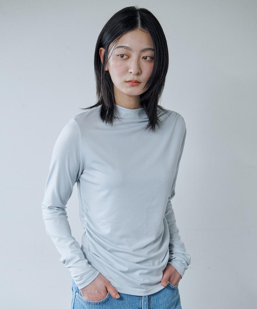 AHWE Mock Neck Shirred Top_Light Blue