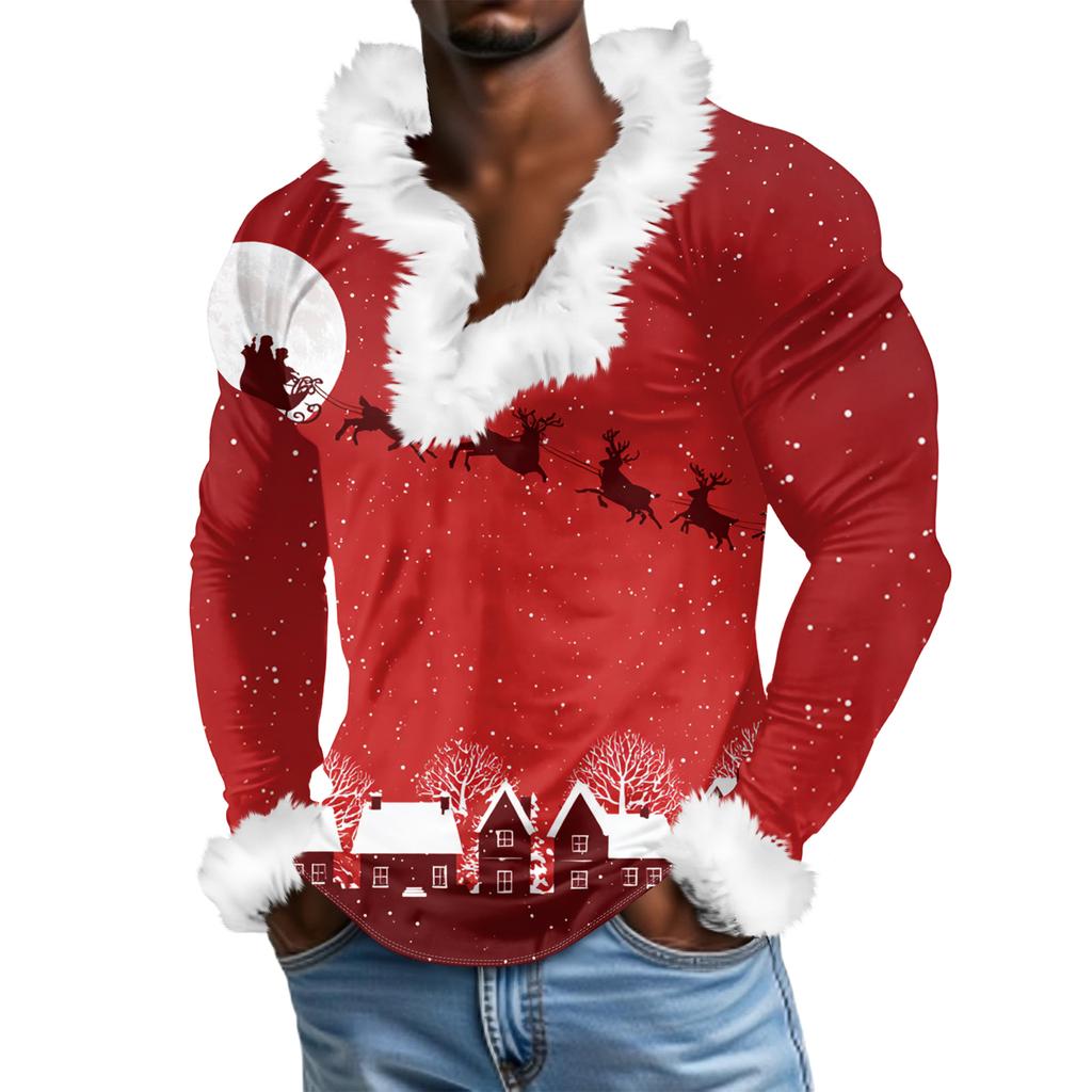 Мужской повседневный рождественский плюшевый свитшот с V-образным вырезом и длинными рукавами из флиса