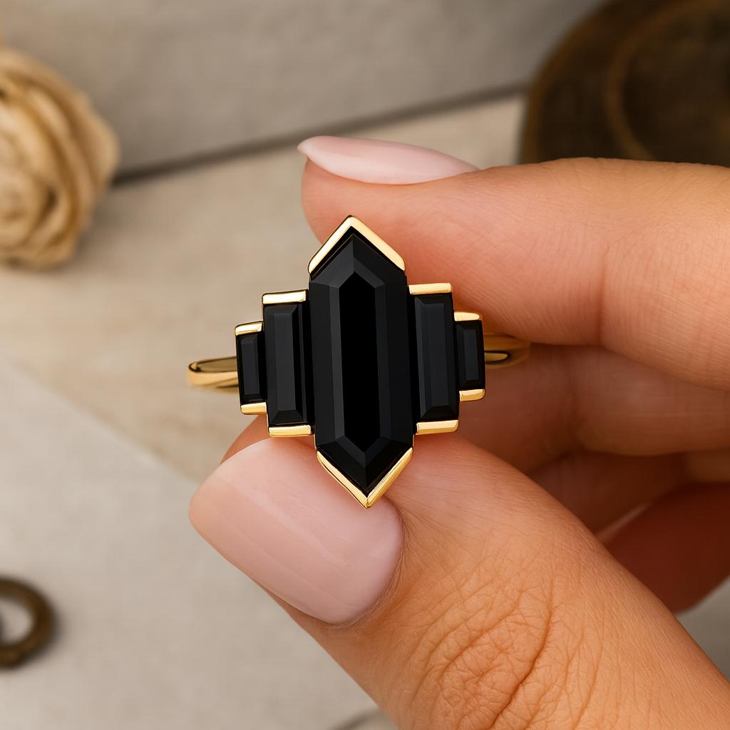 Wedding Engagement Anniversary Promise Gift – Black Onyx Geometric Ring, Yellow Gold Plated Art Deco Statement Gemstone Jewelry for Women