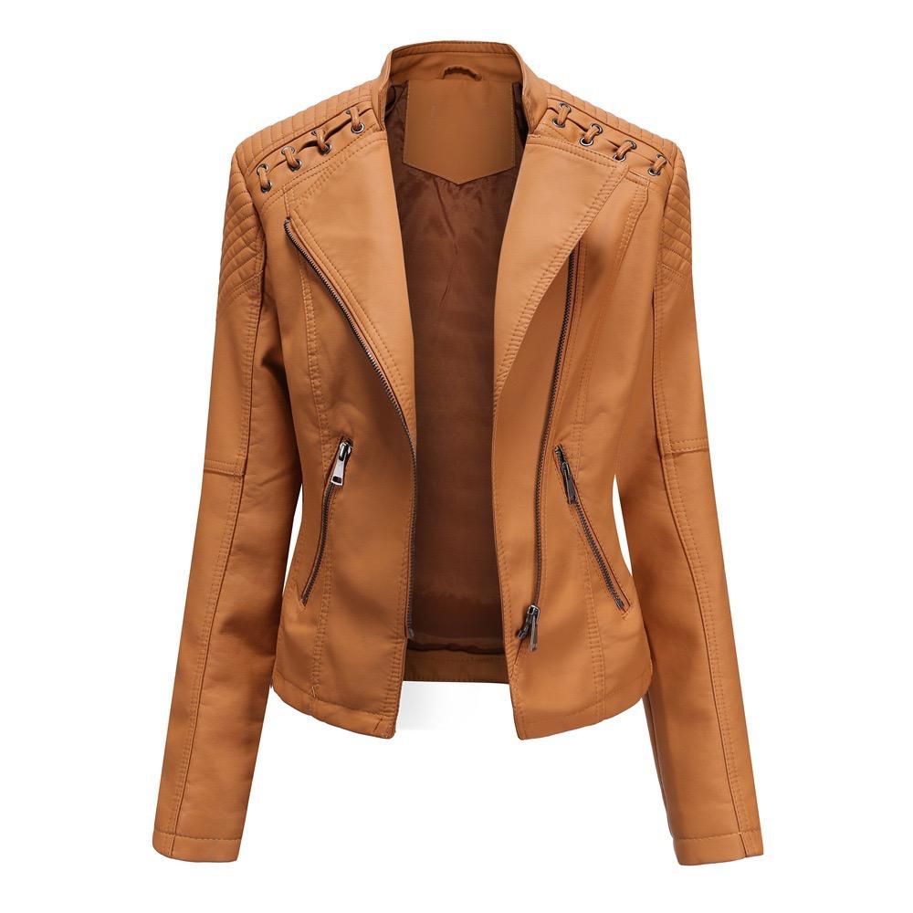 VAYLA Women Fashion Lace-up Leather Jacket Slim Fit Spring Autumn Motorcycle Jacket Zipper Jacket