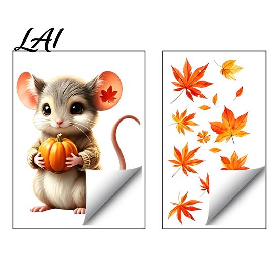 Indoor Outdoor Window Decorations 2Pcs Fall Cartoon Static Clings Cute Bunny & Mouse Stickers No‑Glue Easy Peel Stick Glass Stickers PVC
