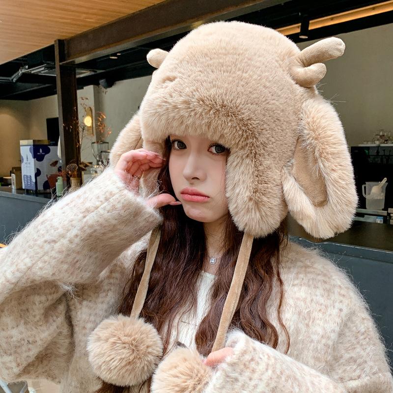 Милая плюшевая шапка с рогами оленя, женская зимняя теплая и холодная защитная шапка для ушей, японская милая студенческая шапка Lei Feng, толстая
