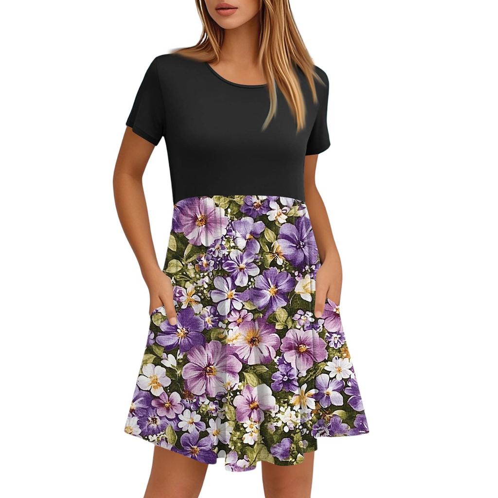 Женские модные повседневные свободные платья с круглым вырезом и коротким рукавом с принтом и карманами