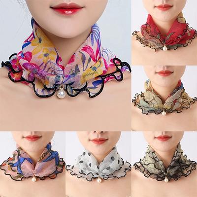 Fashion Printed Gauze Scarf Pearl Pendant Scarf Spring Lightweight Muffler Women Decorative Small Silk Scarf Headband