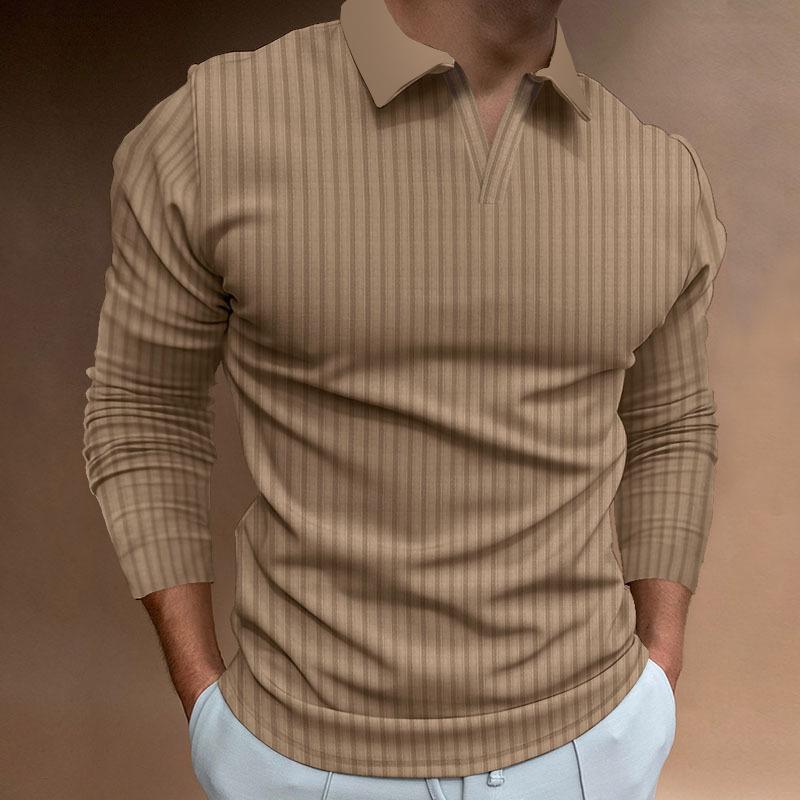 Men’s Spring/Autumn Sports, Fitness and Leisure Shirt with Lapel, Stretch Fabric, Vertical Stripes and V-neck, Long-sleeved