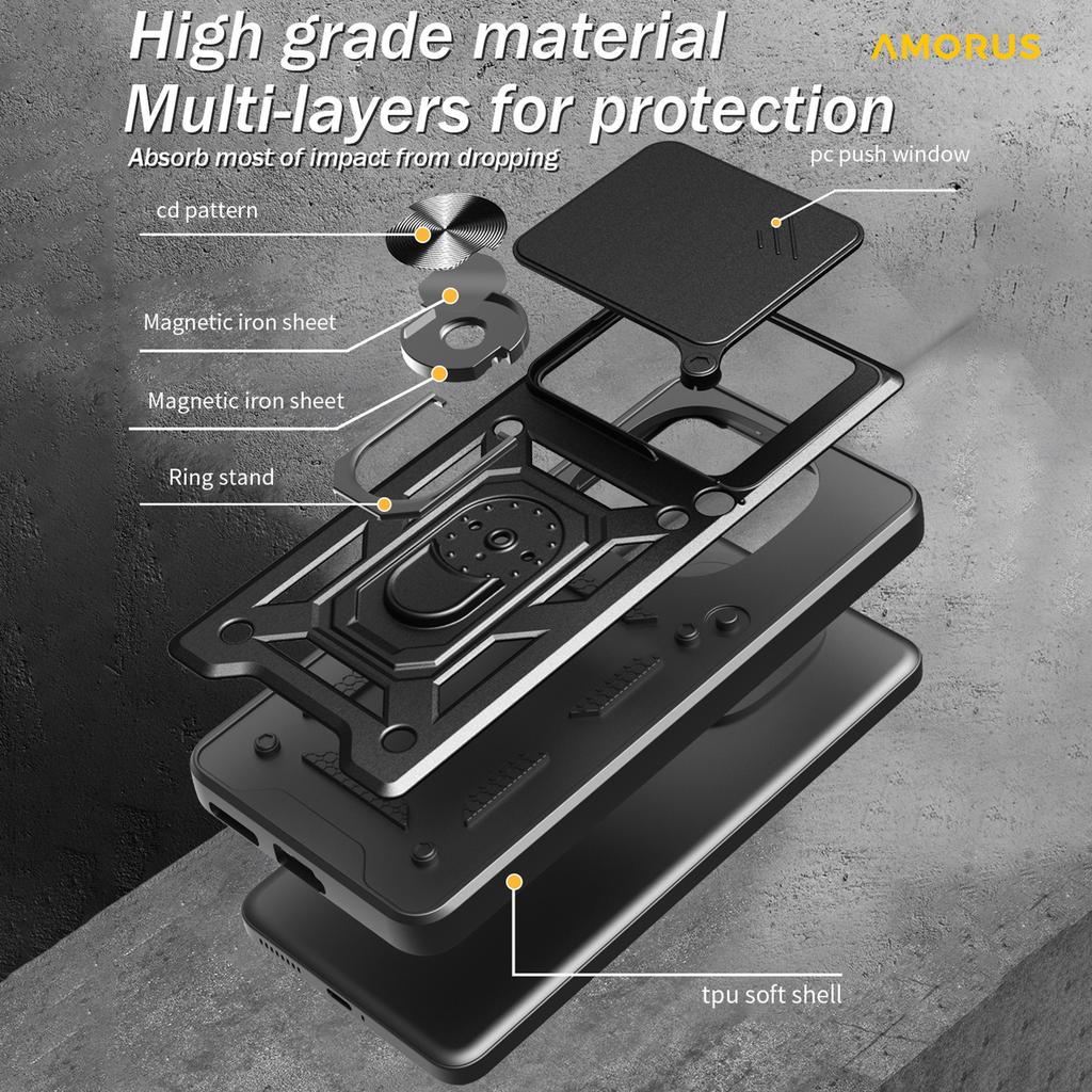 AMORUS Чехол-подставка для Xiaomi Redmi K80 5G/Poco F7 Pro 5G PC+TPU Чехол для телефона со шторкой для камеры