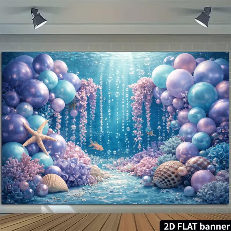 2D Ocean Adventure Backdrop Underwater Purple Blue Balloon & Coral Fabric Banner for Kids Party