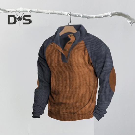 Весна Осень Мужская Толстовка Цветные Блоки Пэчворк Ретро Стиль Полуоткрытый Воротник-стойка Топ Плюс Размер Свободный Длинный Рукав Топ Повседневная Жизнь Офис