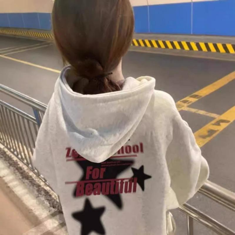 Осень Зима Женские Винтажные Пуловеры с Принтом Дамские Харадзюку Y2K Повседневные Толстовки с Капюшоном с Карманом Женский Топ с Капюшоном