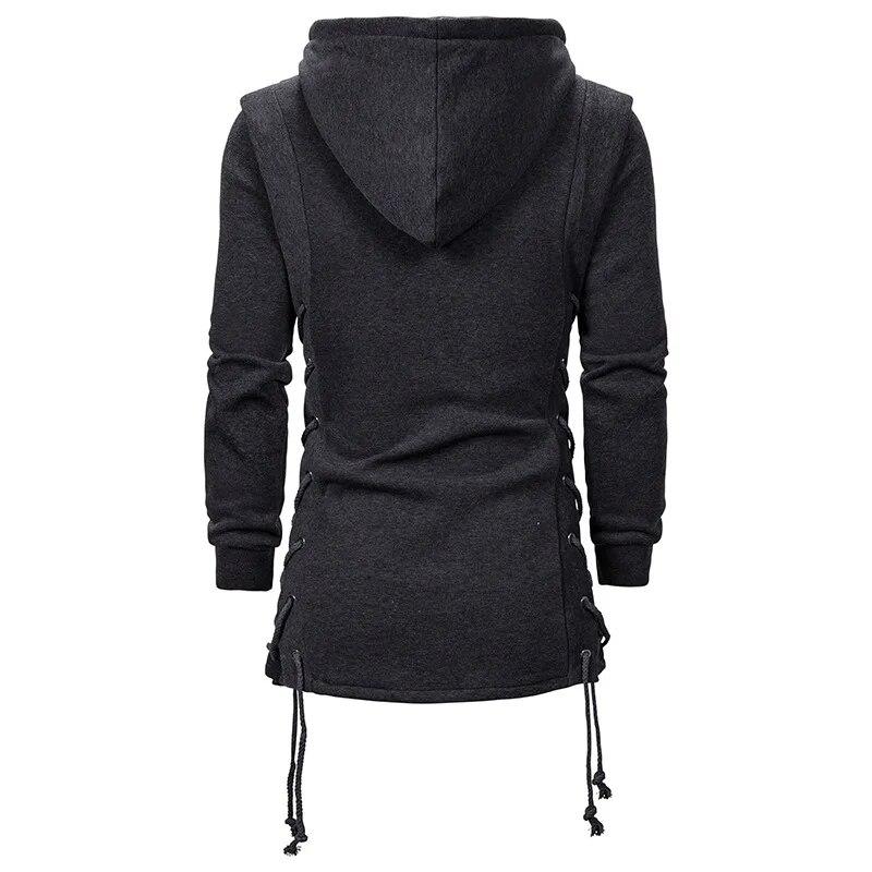 Men's Black Streetwear Zipper Hoodies Sweatshirts Hip Hop Casual Hooded Coat With Side Lashing Crossed Hoody Tracksuits