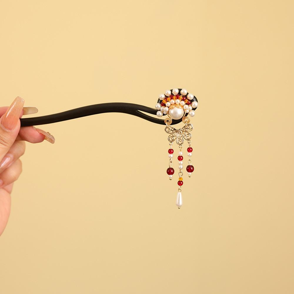 Red New Chinese Style Hair Clip Tassel Hanfu Hairpin Temperament Wooden Hair Stick  Bridal