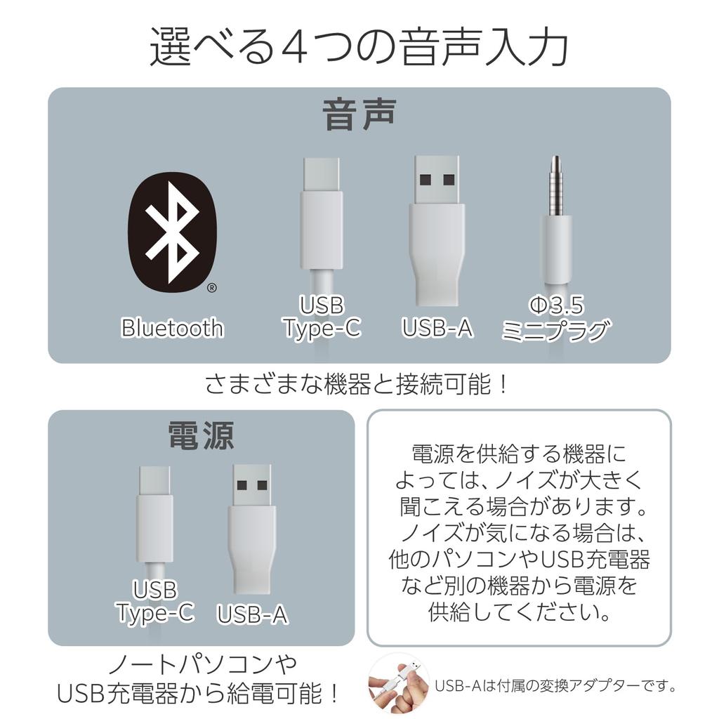 ELECOM PC Speaker с питанием от USB, мощный выходной разъем USB Mini Plug, регулятор громкости, белый C/USB-A/Bluetooth/3,5 мм, 4,4 Вт SP-P10CUBWH