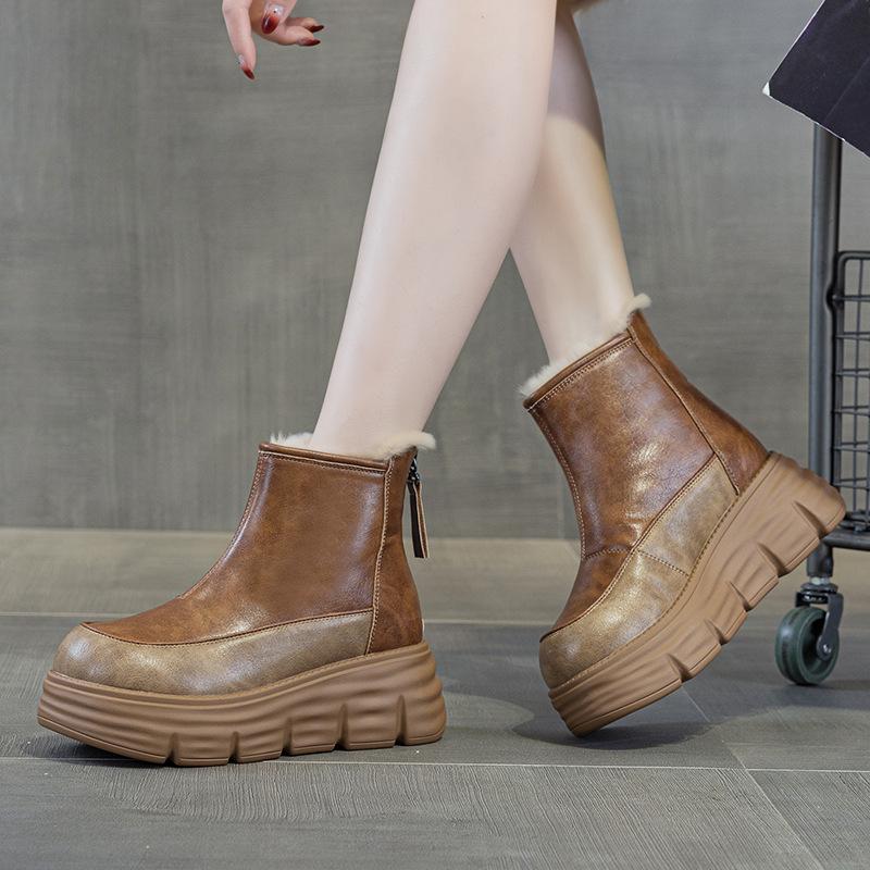 9965 Leather Snow Boots Women's Cotton Shoes Winter Velvet New Retro Short Boots Thick Sole