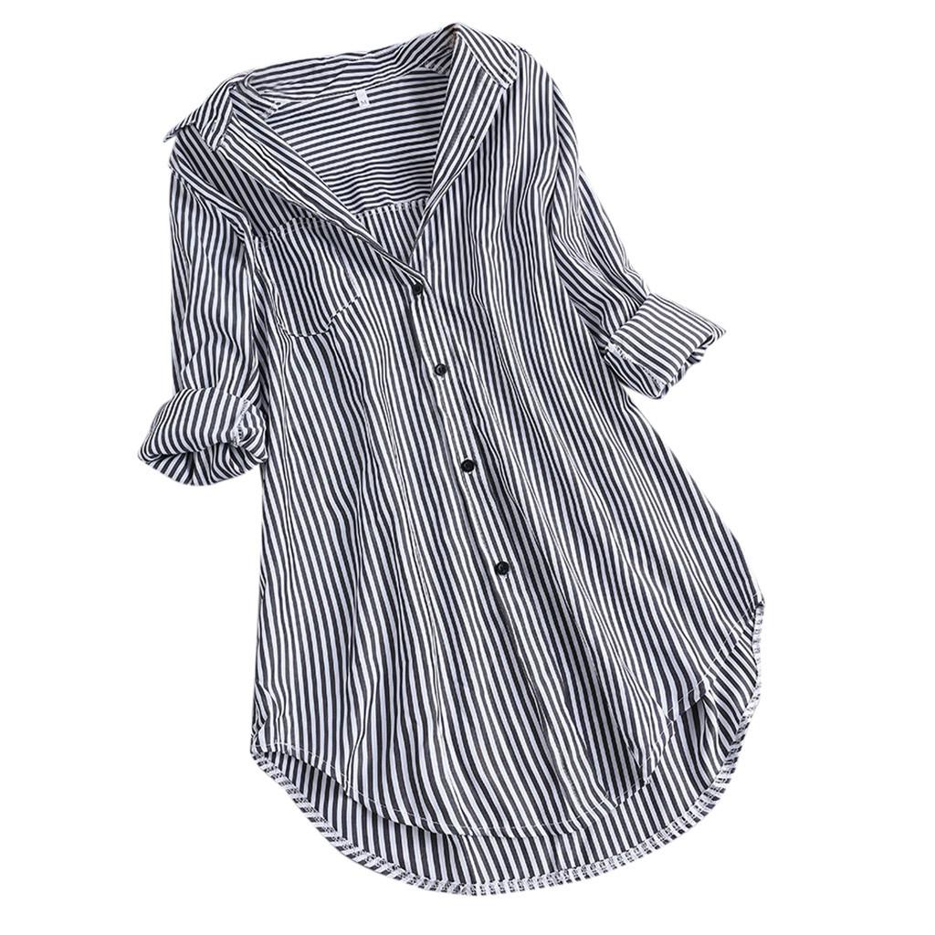Women Stripe Long Sleeve Turn-down Collar Button Loose Top Shirts Blouse